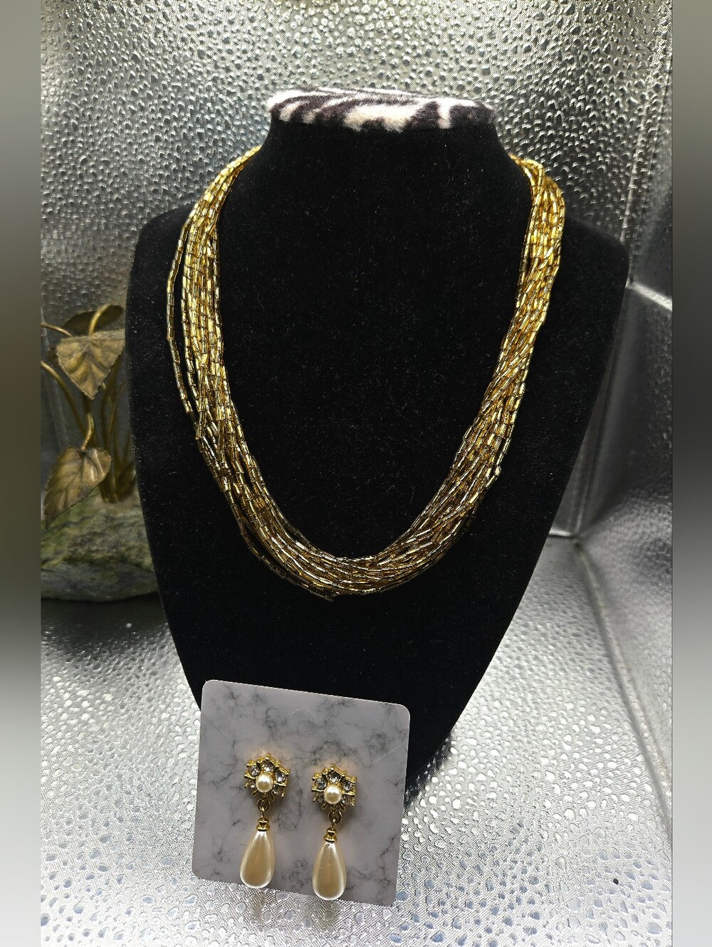 "5/$40" Necklace & Earring Set Gold Seed Bead Multistrand Faux Pearl Rhinestone